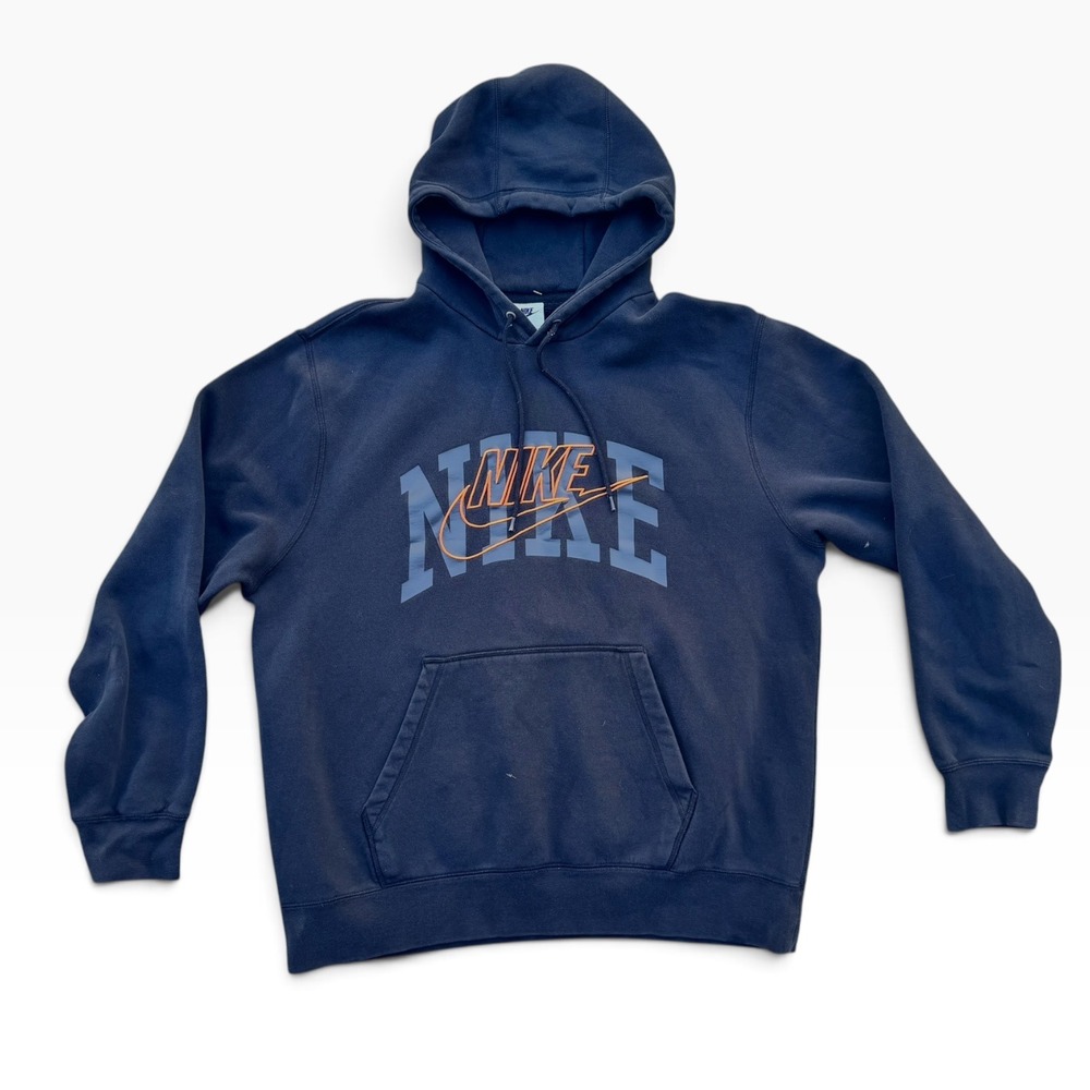 Nike Mens Pullover Hoodie Navy Blue Graphic Spellout Fleece Sweatshirt Large